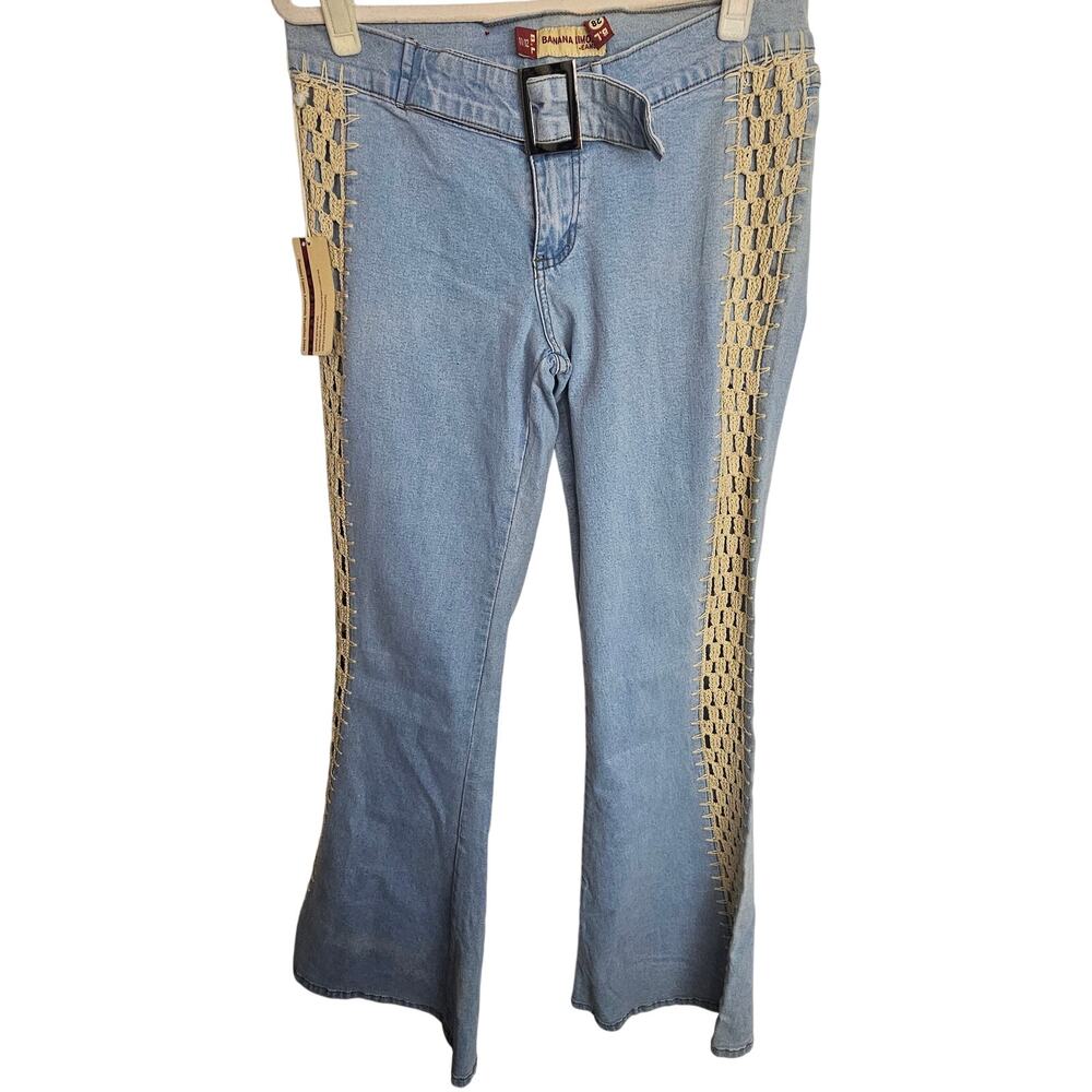 Banana Limon Women Crochet Flare Leg Brazilian Jeans 28 Y2K Boho Hippie Festival